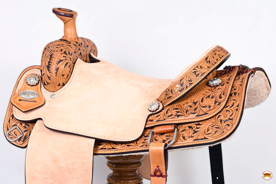 HILASON Western Horse Trail Show Saddle Synthetic Pleasure Riding | Hand Tooled Ranch roping Leather For Horses