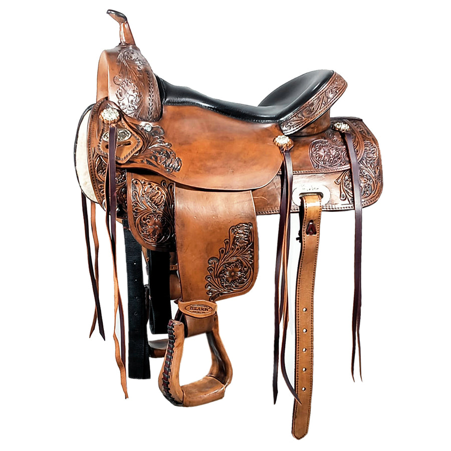17 In Hilason Flex Tree Western Horse Saddle American Leather Brown Trail Barrel Floral Hand Carved and Tooled - Uhorse
