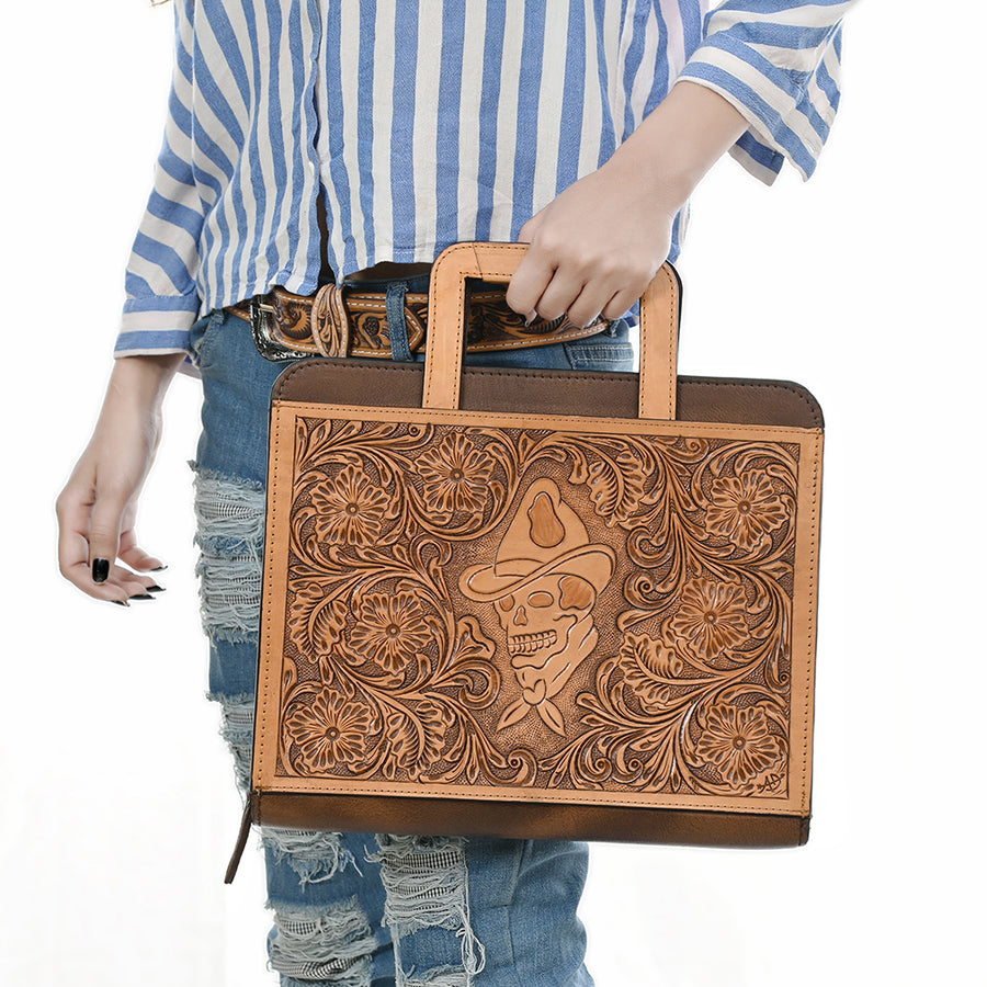 American Darling Western Briefcase Bag Hand Tooled Floral Carved Genuine Leather Office Organizer 10.5in (H) X 13in (W) X 1.5in (D)