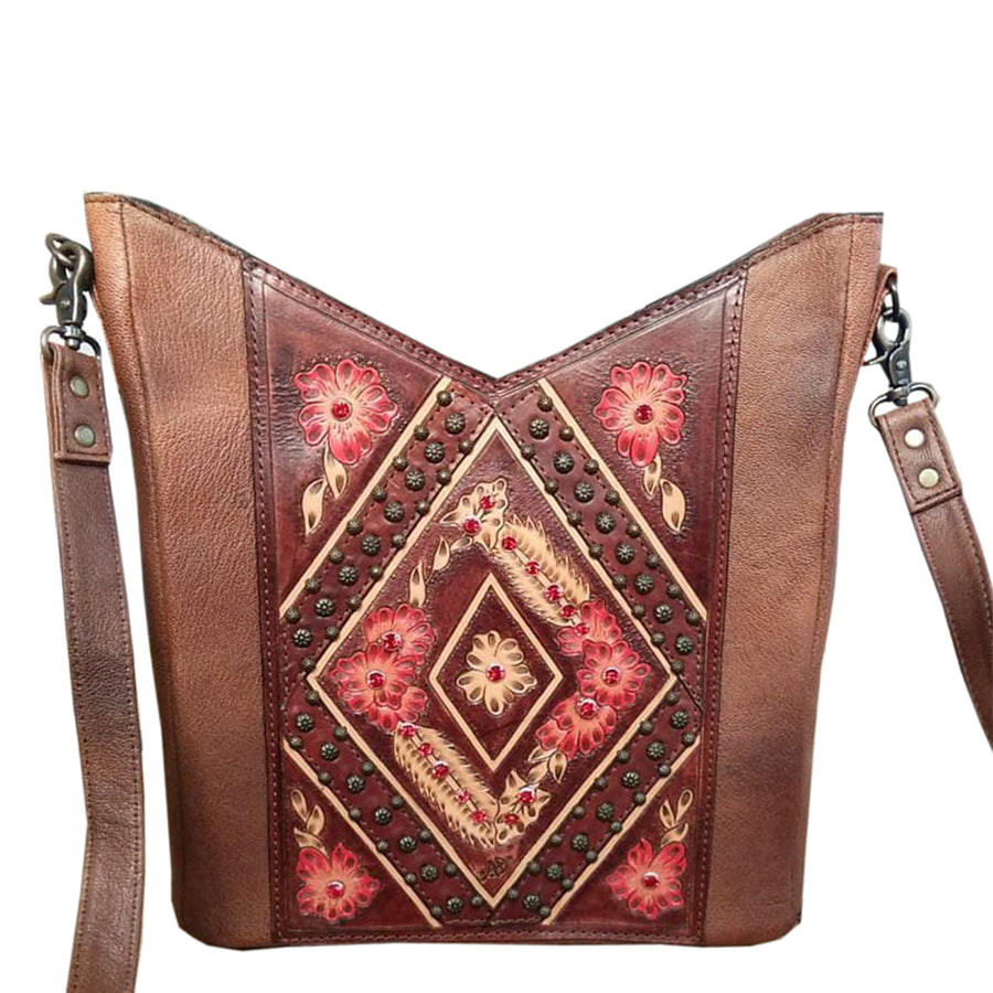 Brown leather crossbody bag with floral tooling - Uhorse