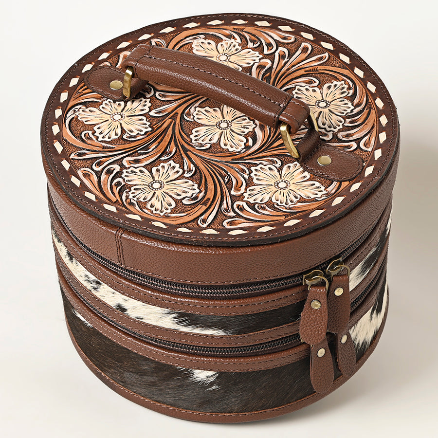 American Darling Western Leather Jewelry Case - Hand Tooled Floral Carved Full Grain Vegetable-Tanned Hair-On Cowhide Organizer