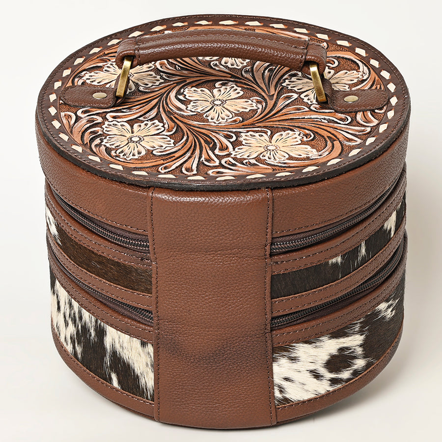 American Darling Western Leather Jewelry Case - Hand Tooled Floral Carved Full Grain Vegetable-Tanned Hair-On Cowhide Organizer