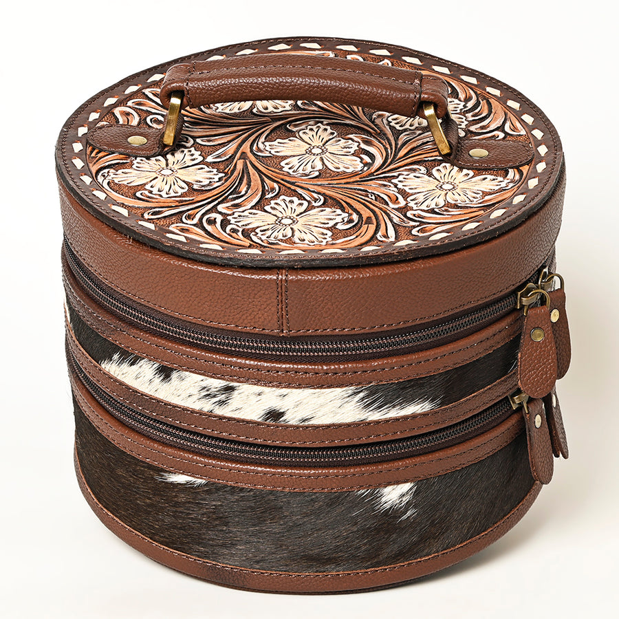 American Darling Hand Tooled Genuine Leather and Hair-On Cowhide Western Jewelry Case - Uhorse