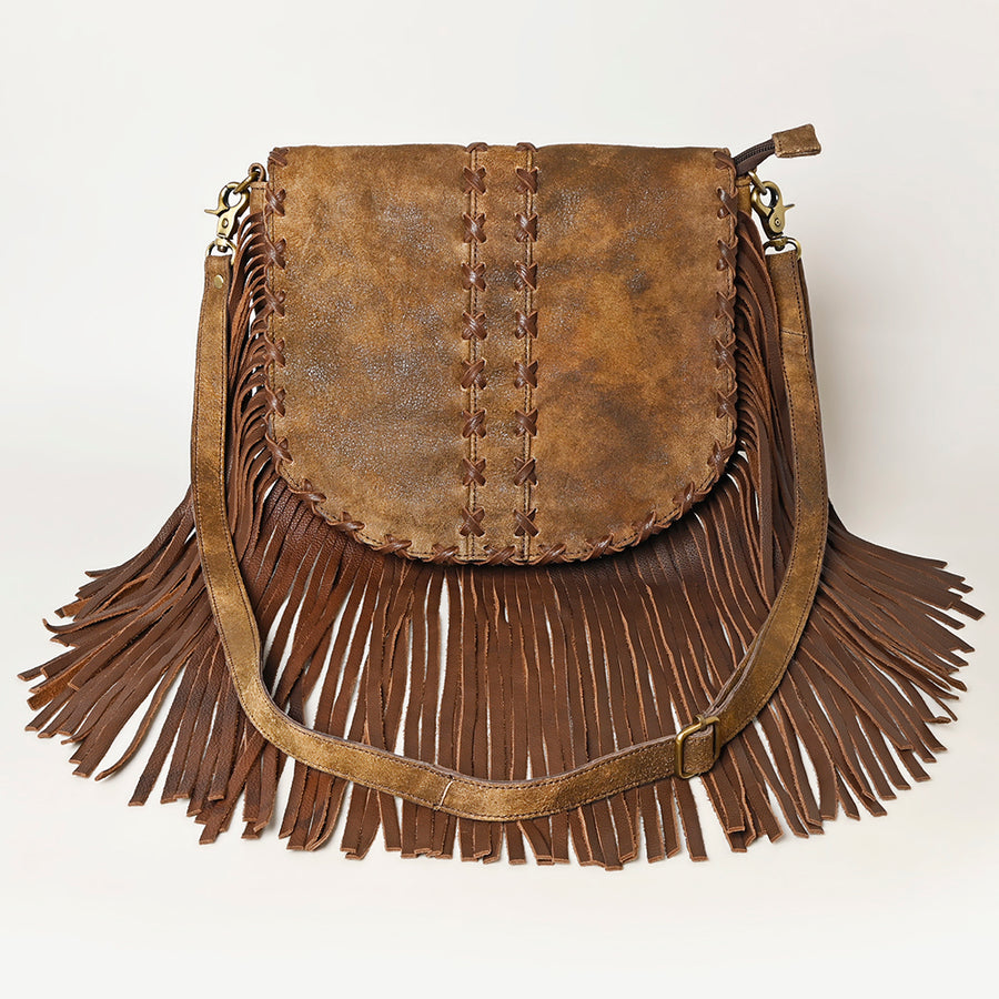 American Darling Western Leather Messenger Bag - Eco-Friendly Vegetable Tanned Full Grain Leather Fringe Purse with YKK Zipper