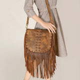 American Darling Western Leather Messenger Bag - Eco-Friendly Vegetable Tanned Full Grain Leather Fringe Purse with YKK Zipper