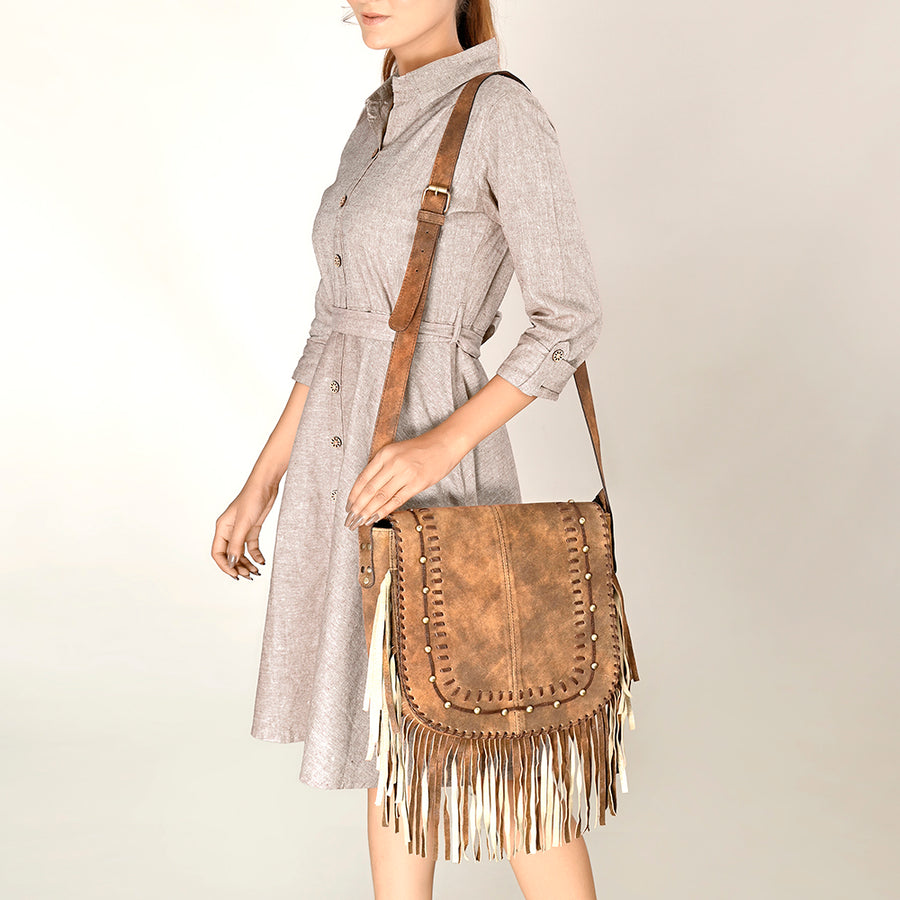 American Darling Western Leather Cross body Bag - Eco-Friendly Vegetable Tanned Full Grain Leather Braided Fringe Purse YKK Zipper