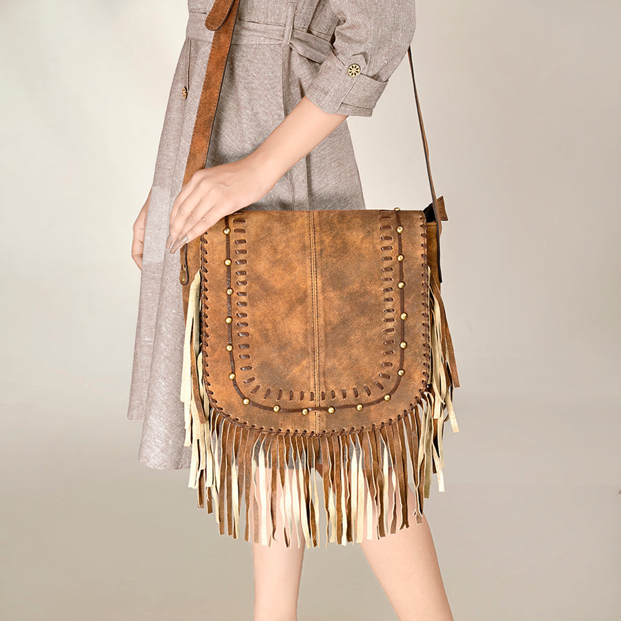 American Darling Western Leather Cross body Bag - Eco-Friendly Vegetable Tanned Full Grain Leather Braided Fringe Purse YKK Zipper