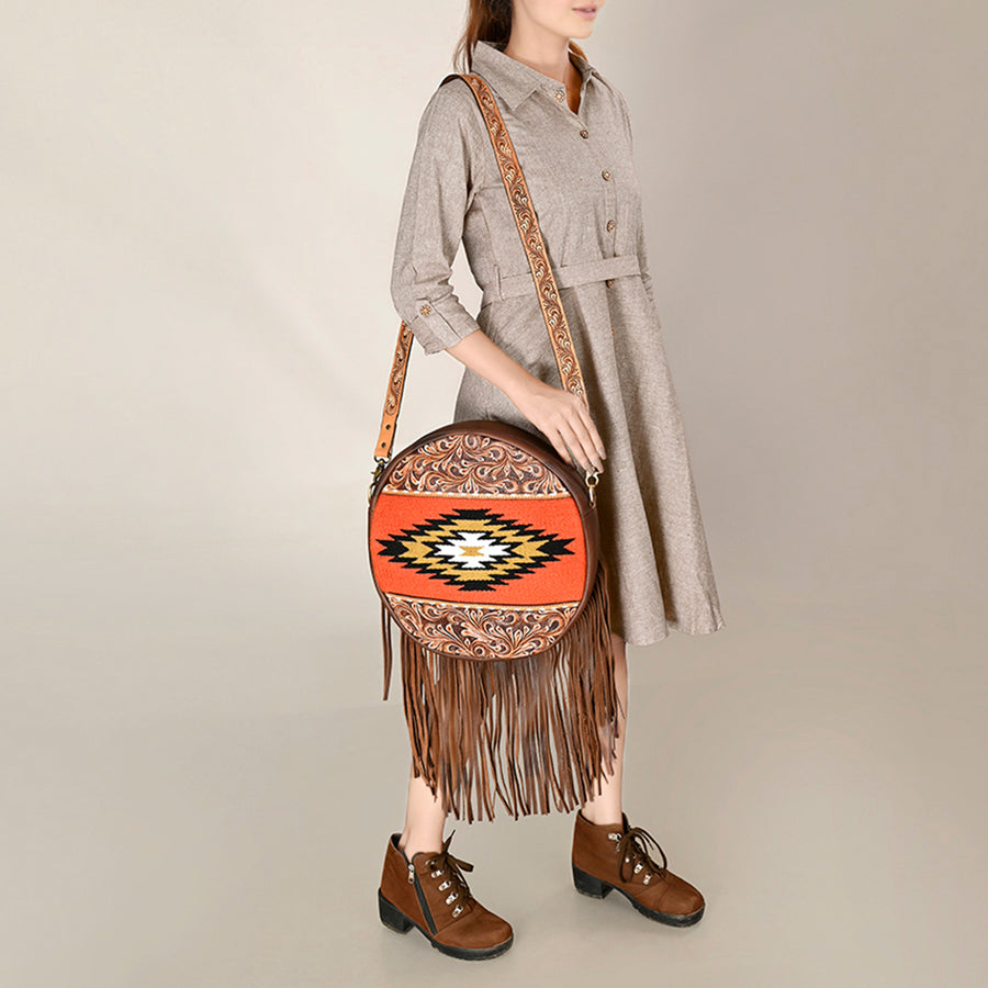 American Darling Hand Woven Saddle Blanket Canteen Bag Hand Tooled Leather Fringes Vegetable-Tanned Genuine Leather Western Crossbody YKK Zipper