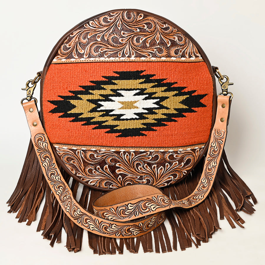 American Darling Hand Woven Saddle Blanket Canteen Bag Hand Tooled Leather Fringes Vegetable-Tanned Genuine Leather Western Crossbody YKK Zipper