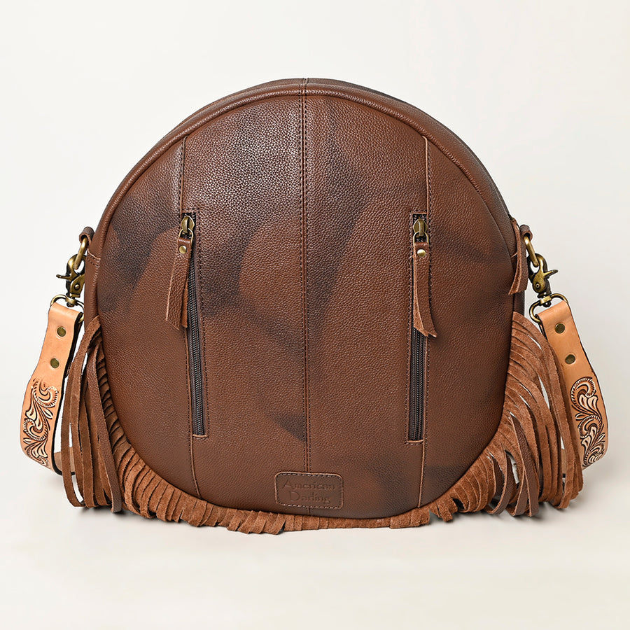 American Darling Hand Woven Saddle Blanket Canteen Bag Hand Tooled Leather Fringes Vegetable-Tanned Genuine Leather Western Crossbody YKK Zipper