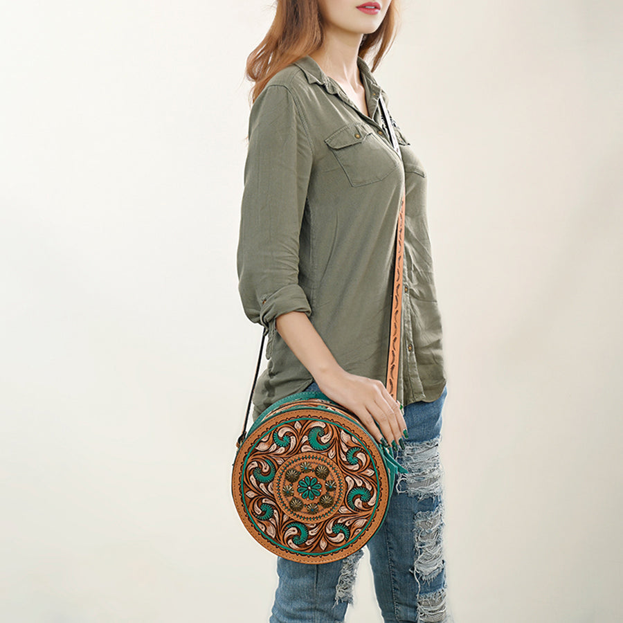 American Darling Hand Tooled Floral Carved Canteen Bag Eco-Friendly Vegetable-Tanned Genuine Leather Western Crossbody YKK Zipper