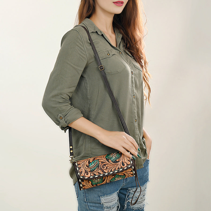 American Darling Hand Tooled Floral Carved Small Cross body Bag Eco-Friendly Vegetable-Tanned Genuine Leather YKK Zipper