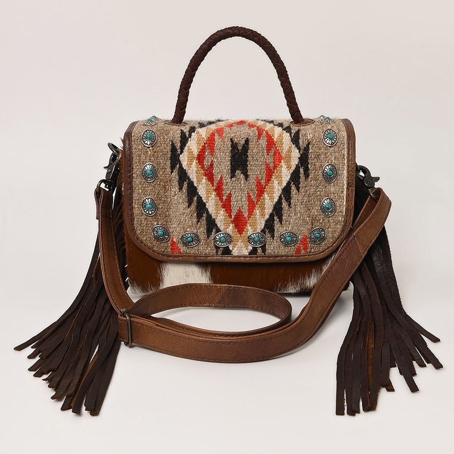 American Darling Western Leather Small Crossbody Bag with Hair-On Cowhide Fringes and Hand Woven Saddle Blanket Flap – Genuine Leather