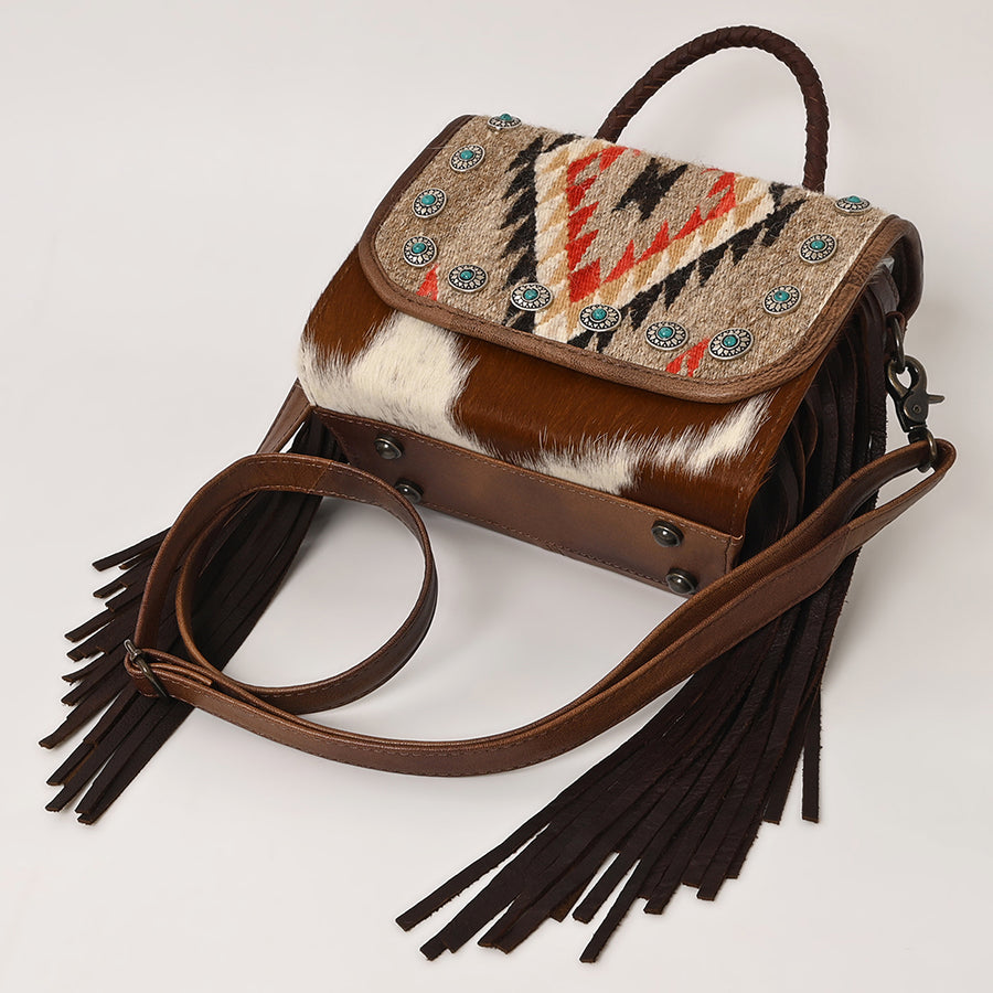American Darling Western Leather Small Crossbody Bag with Hair-On Cowhide Fringes and Hand Woven Saddle Blanket Flap – Genuine Leather
