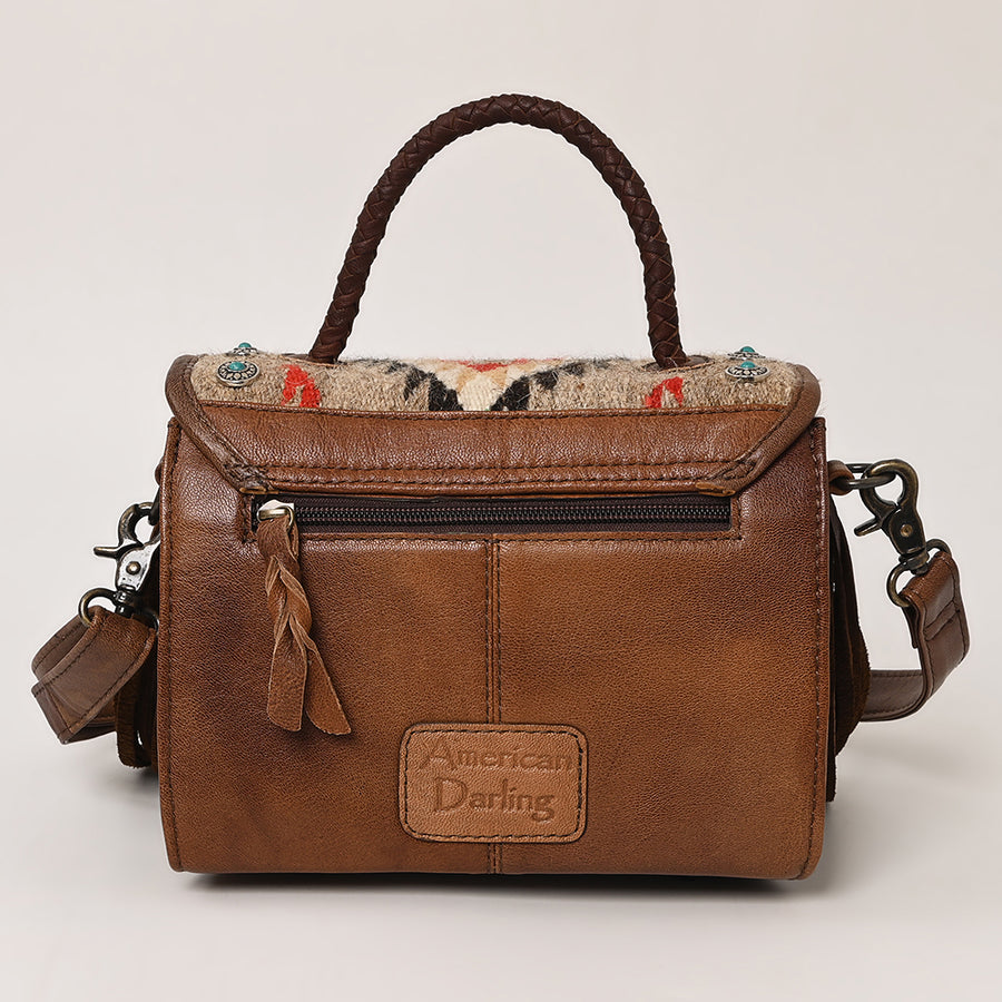 American Darling Western Leather Small Crossbody Bag with Hair-On Cowhide Fringes and Hand Woven Saddle Blanket Flap – Genuine Leather