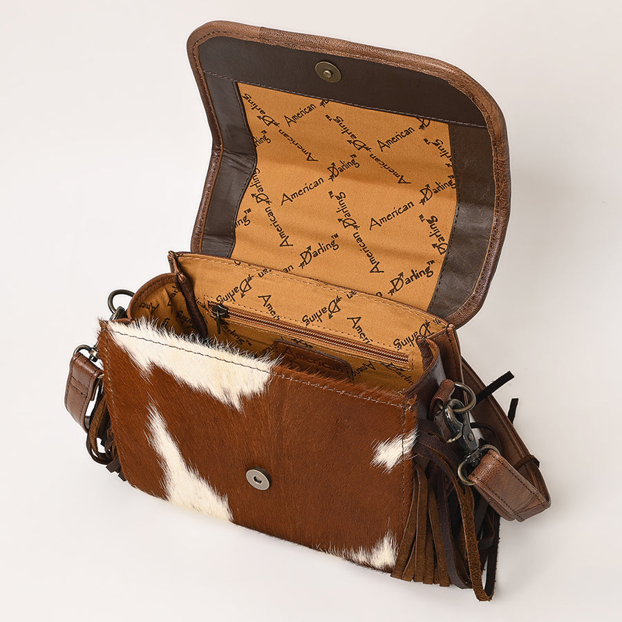 American Darling Western Leather Small Crossbody Bag with Hair-On Cowhide Fringes and Hand Woven Saddle Blanket Flap – Genuine Leather