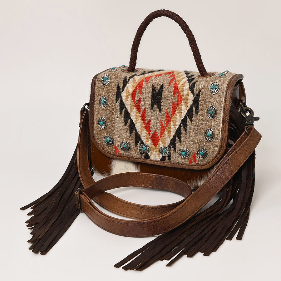 American Darling Western Leather Small Crossbody Bag with Hair-On Cowhide and Fringes - Uhorse