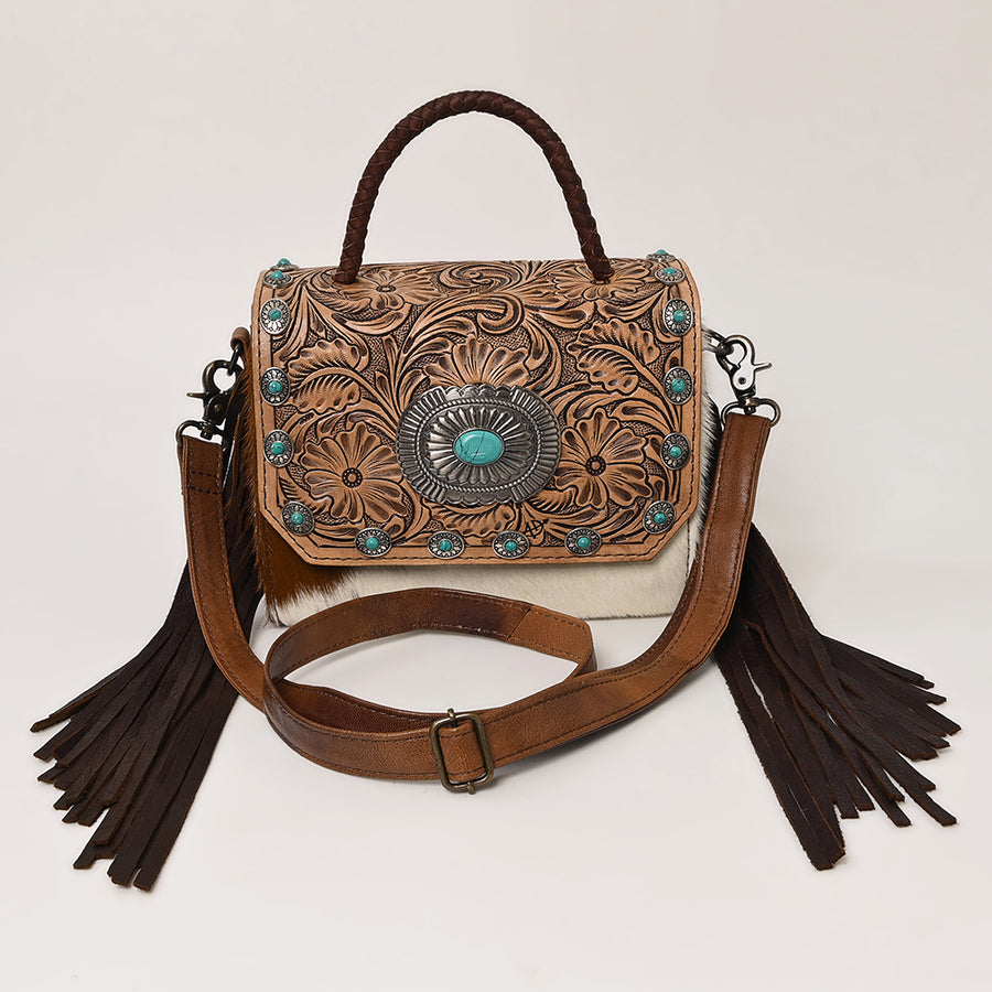 American Darling Western Leather Small Crossbody Bag with Hair-On Cowhide Fringes and Hand Woven Saddle Blanket Flap – Genuine Leather