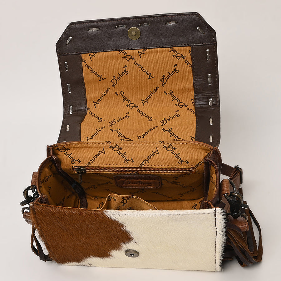American Darling Western Leather Small Crossbody Bag with Hair-On Cowhide Fringes and Hand Woven Saddle Blanket Flap – Genuine Leather