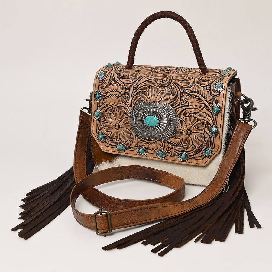 American Darling Western Leather Small Crossbody Bag with Hair-On Cowhide and Tooled Flap - Uhorse