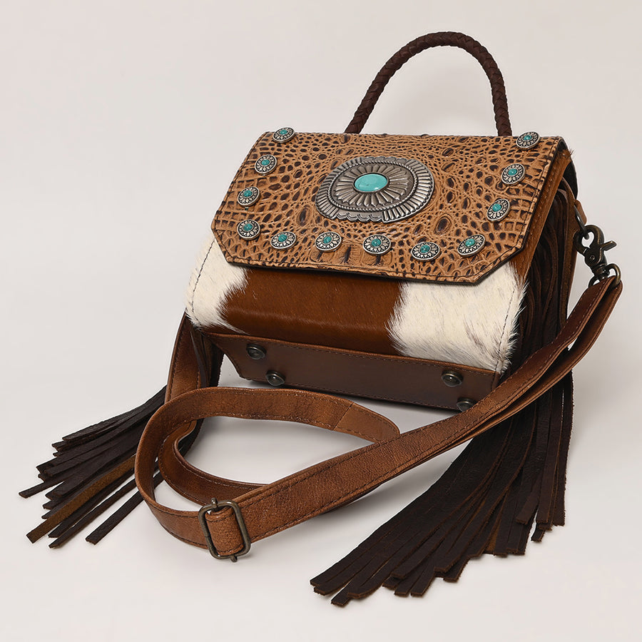 American Darling Western Leather Small Crossbody Bag with Hair-On Cowhide Fringes and Hand Woven Saddle Blanket Flap – Genuine Leather