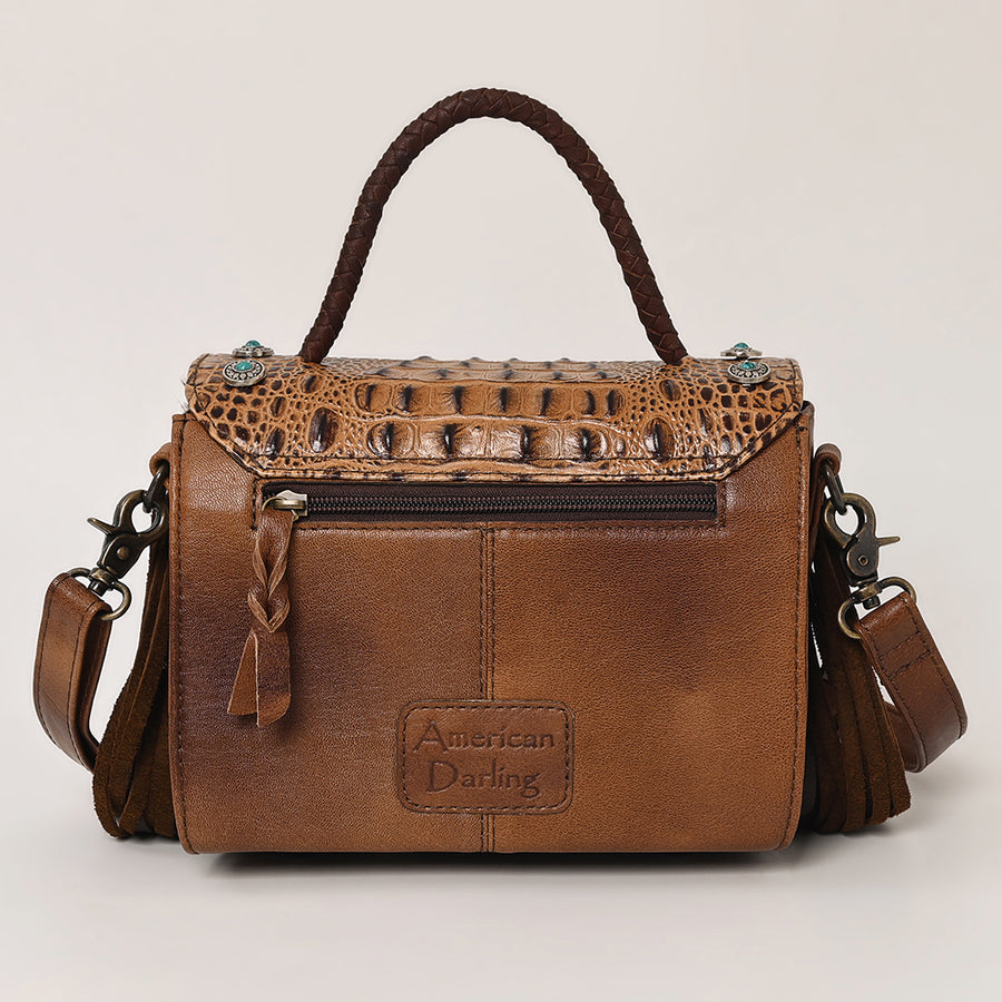 American Darling Western Leather Small Crossbody Bag with Hair-On Cowhide Fringes and Hand Woven Saddle Blanket Flap – Genuine Leather