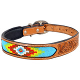 HILASON Western Beaded Hand Tooled Strong Genuine Leather Dog Collar Tan
