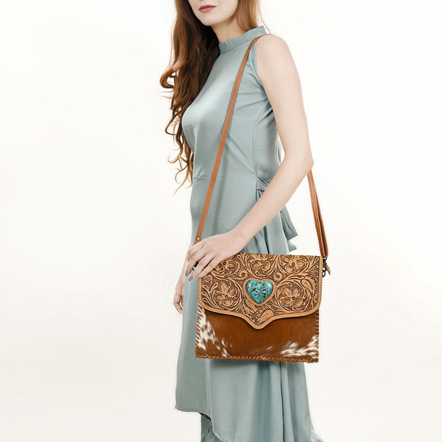 American Darling Hair-On Cowhide Western Leather Coin Purse with Hand-Tooled Floral Carving & Genuine Leather Construction