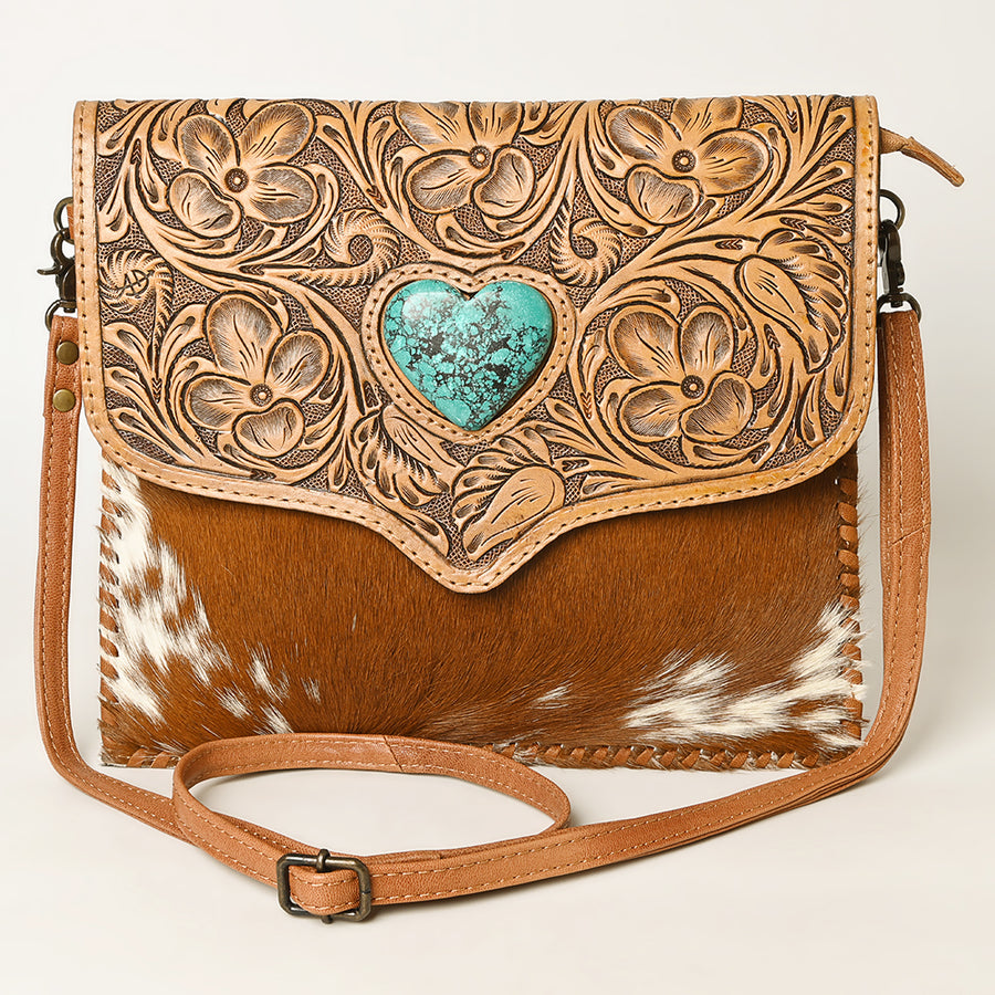 American Darling Hair-On Cowhide Western Leather Coin Purse with Hand-Tooled Floral Carving & Genuine Leather Construction