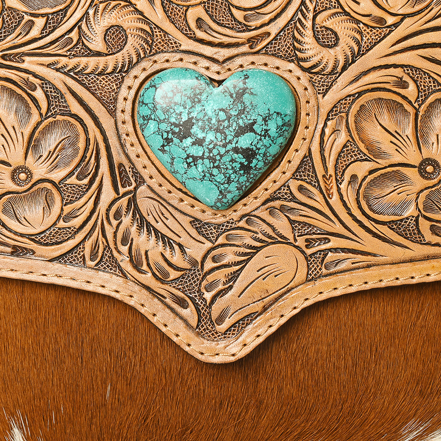 American Darling Hair-On Cowhide Western Leather Coin Purse with Hand-Tooled Floral Carving & Genuine Leather Construction
