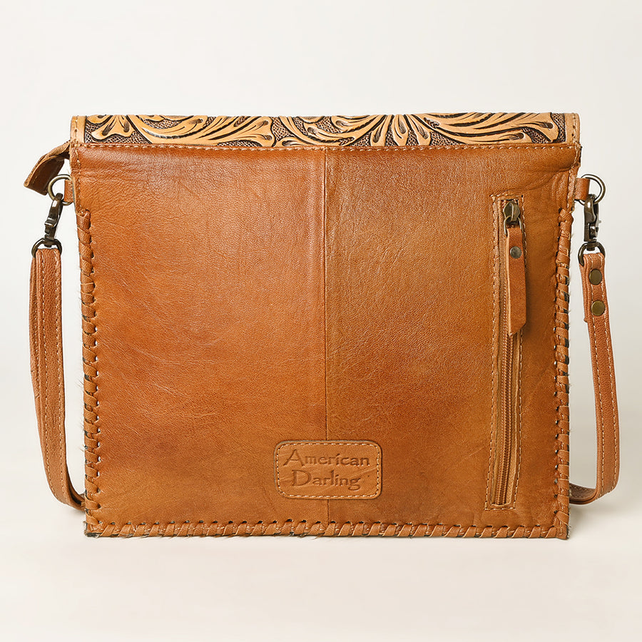 American Darling Hair-On Cowhide Western Leather Coin Purse with Hand-Tooled Floral Carving & Genuine Leather Construction