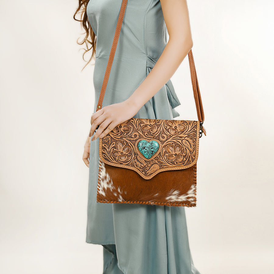 American Darling Hair-On Cowhide Western Leather Coin Purse with Hand-Tooled Floral Carving & Genuine Leather Construction