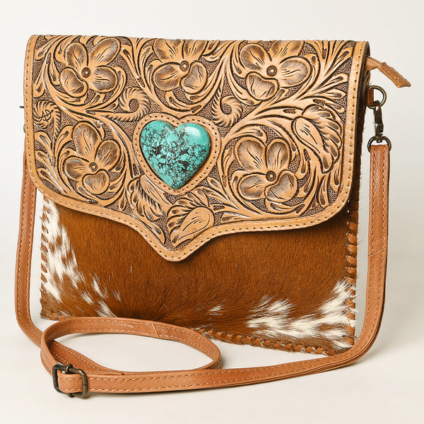 American Darling Western Leather Coin Purse with Hair-On Cowhide and Hand-Tooled Floral Detail - Uhorse