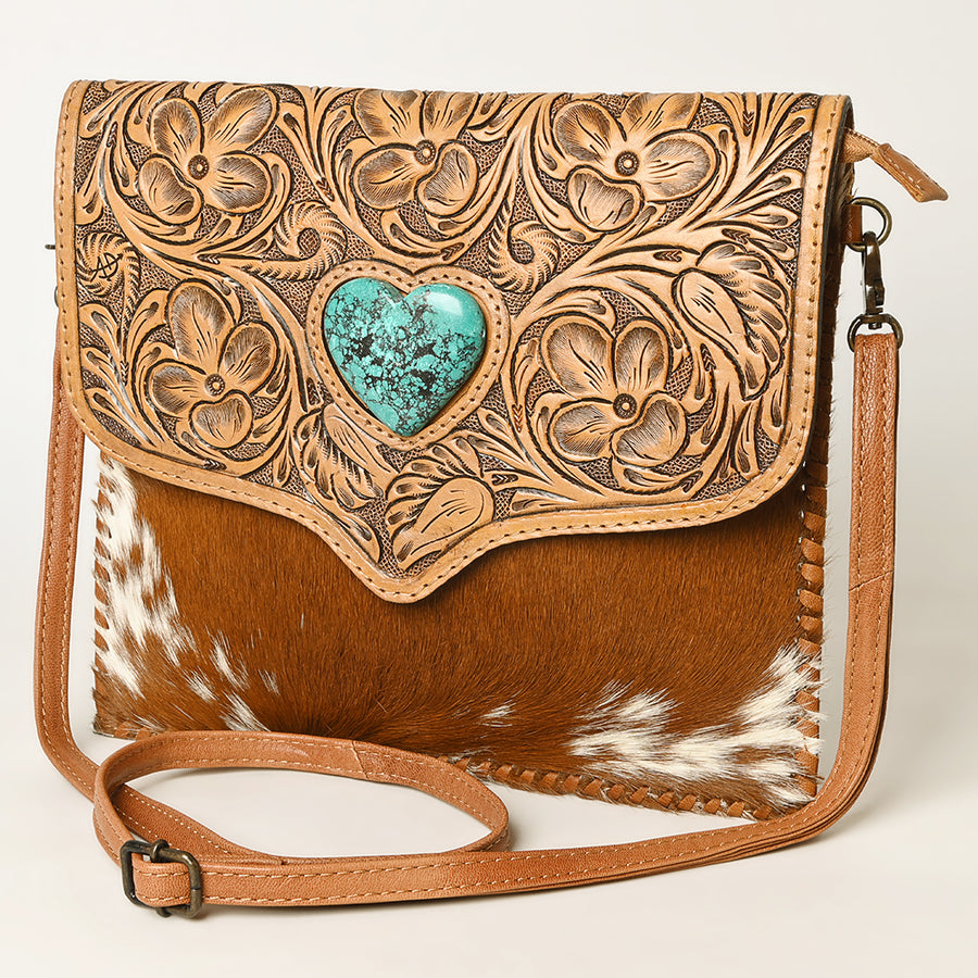 American Darling Western Leather Coin Purse with Hair-On Cowhide and Hand-Tooled Floral Detail - Uhorse