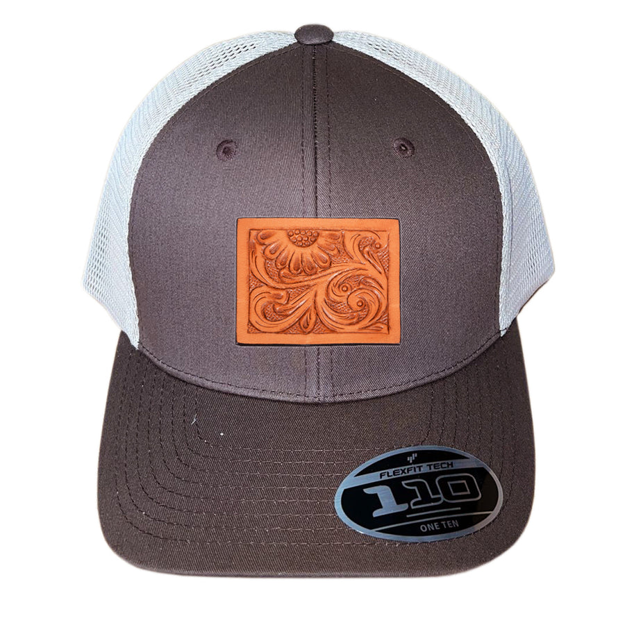 Brown and white mesh trucker cap with tooled leather patch - Uhorse