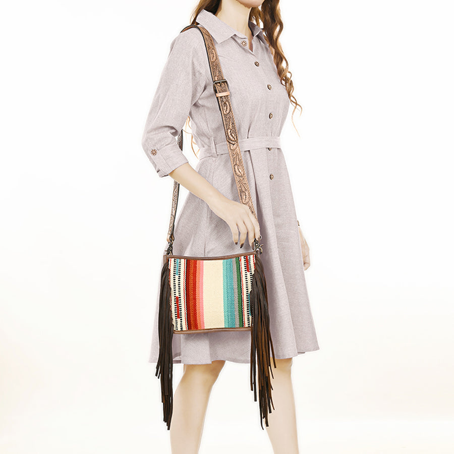 American Darling Messenger Bag Handcrafted from Hand Tooled Floral Carved Genuine Leather with Fringes and YKK Zipper