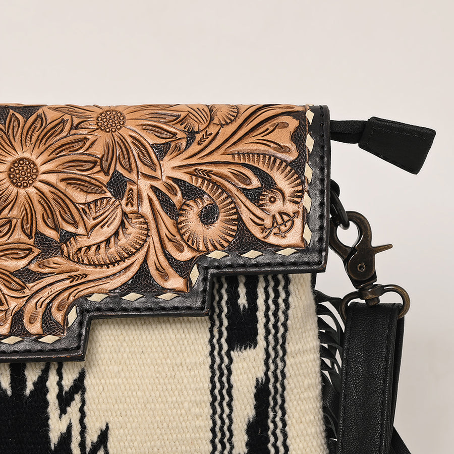American Darling Cross body Bag Hand Tooled Floral Carved Saddle Blanket Genuine Leather Western Purse with Fringes and YKK Zipper