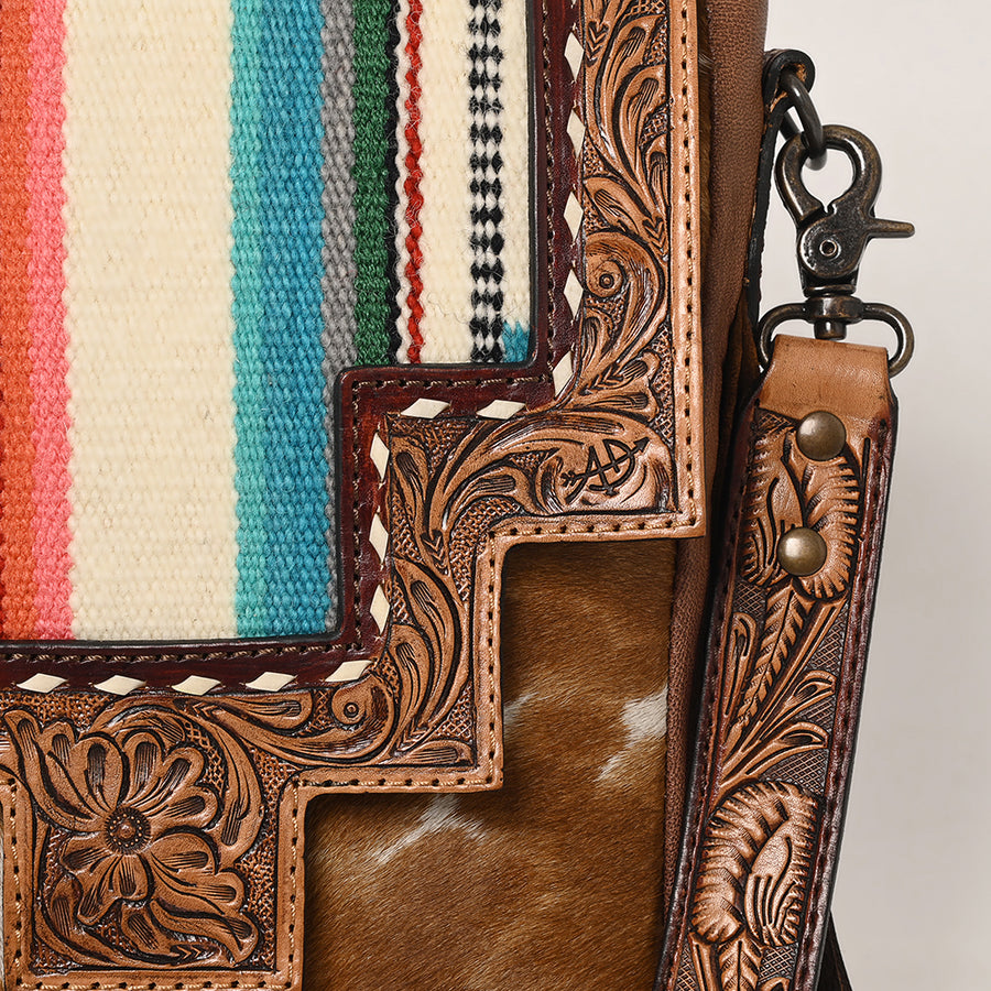 American Darling Messenger Bag for Women, Hand Tooled Floral Leather, Hair-On Cowhide, Woven Saddle Blanket, Genuine Leather