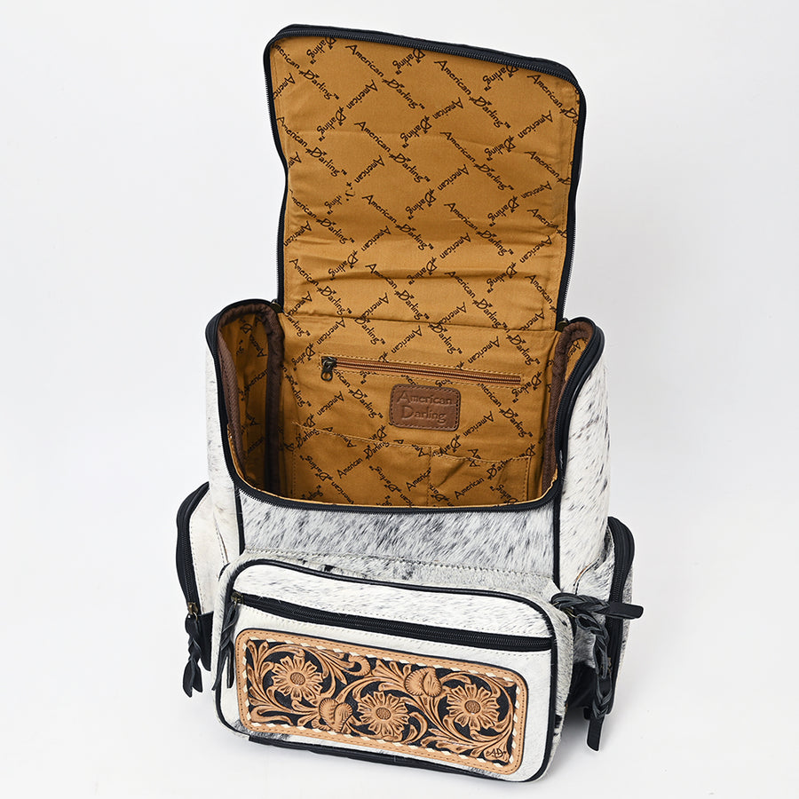 American Darling Backpack for Women, Hand Tooled Floral Leather, Hair-On Cowhide, Turquoise Concho, Genuine Western Leather