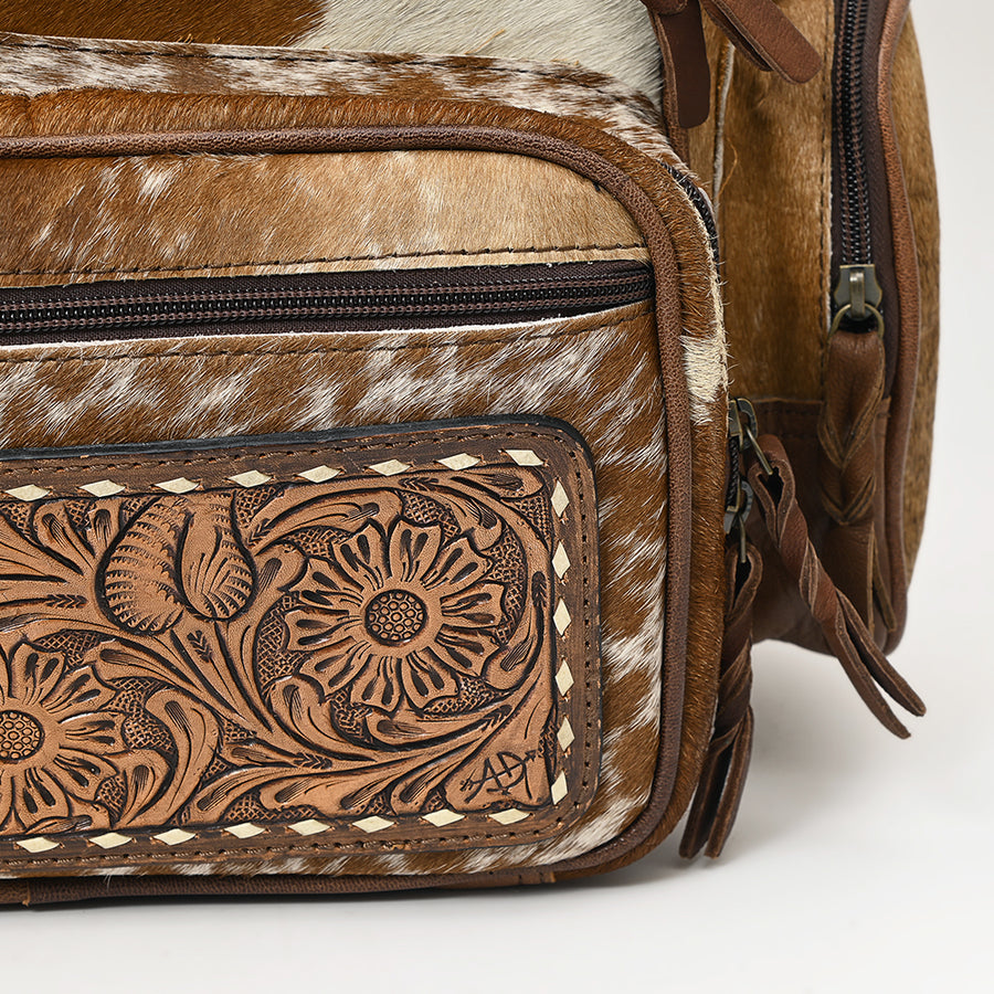 American Darling Backpack for Women, Hand Tooled Floral Leather, Hair-On Cowhide, Turquoise Concho, Genuine Western Leather