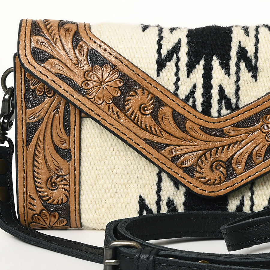 American Darling Envelope Western Hand Tooled Genuine Leather and Saddle Blanket Purse with Wristlet and YKK Zipper