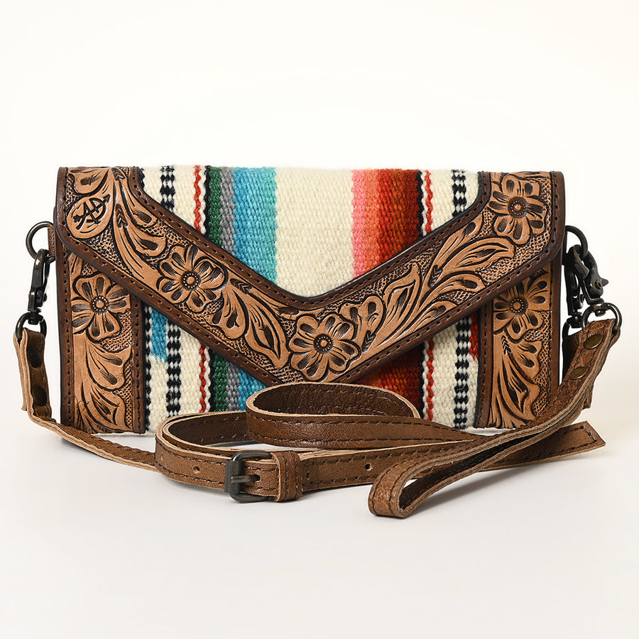 American Darling Envelope Western Hand Tooled Genuine Leather and Saddle Blanket Purse with Wristlet and YKK Zipper