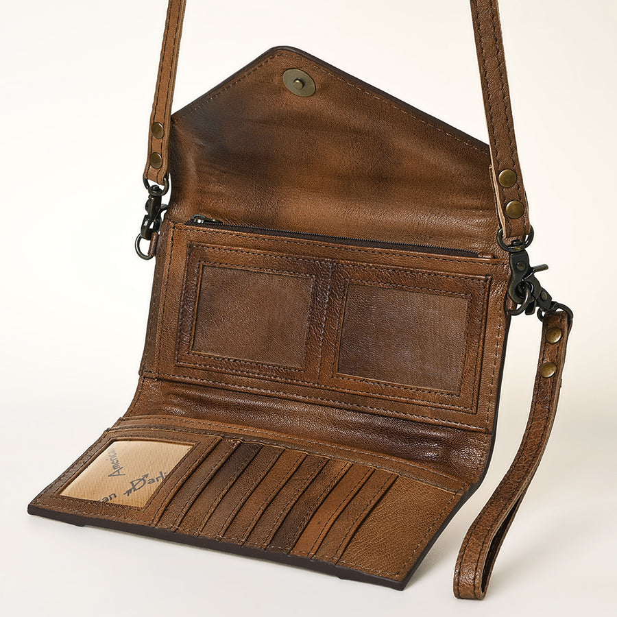 American Darling Envelope Western Hand Tooled Genuine Leather and Saddle Blanket Purse with Wristlet and YKK Zipper