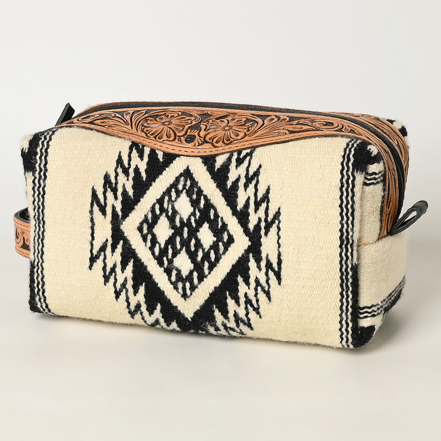 American Darling Hand Tooled Floral Leather Toiletry Bag with Hand-Woven Saddle Blanket - Uhorse