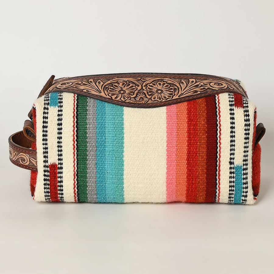 American Darling Toiletry Bag Genuine Leather Hand Tooled Floral Travel Kit with Hand-Woven Saddle Blanket and YKK Zipper