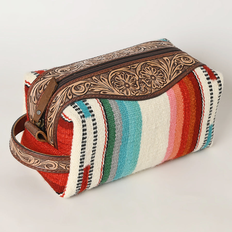 American Darling Toiletry Bag Genuine Leather Hand Tooled Floral Travel Kit with Hand-Woven Saddle Blanket and YKK Zipper