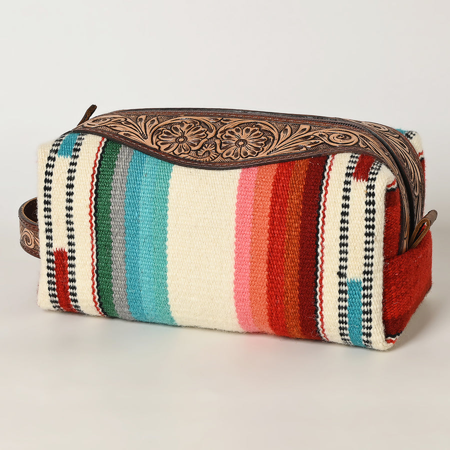 American Darling Hand Tooled Floral Leather Toiletry Bag with Hand-Woven Saddle Blanket - Uhorse
