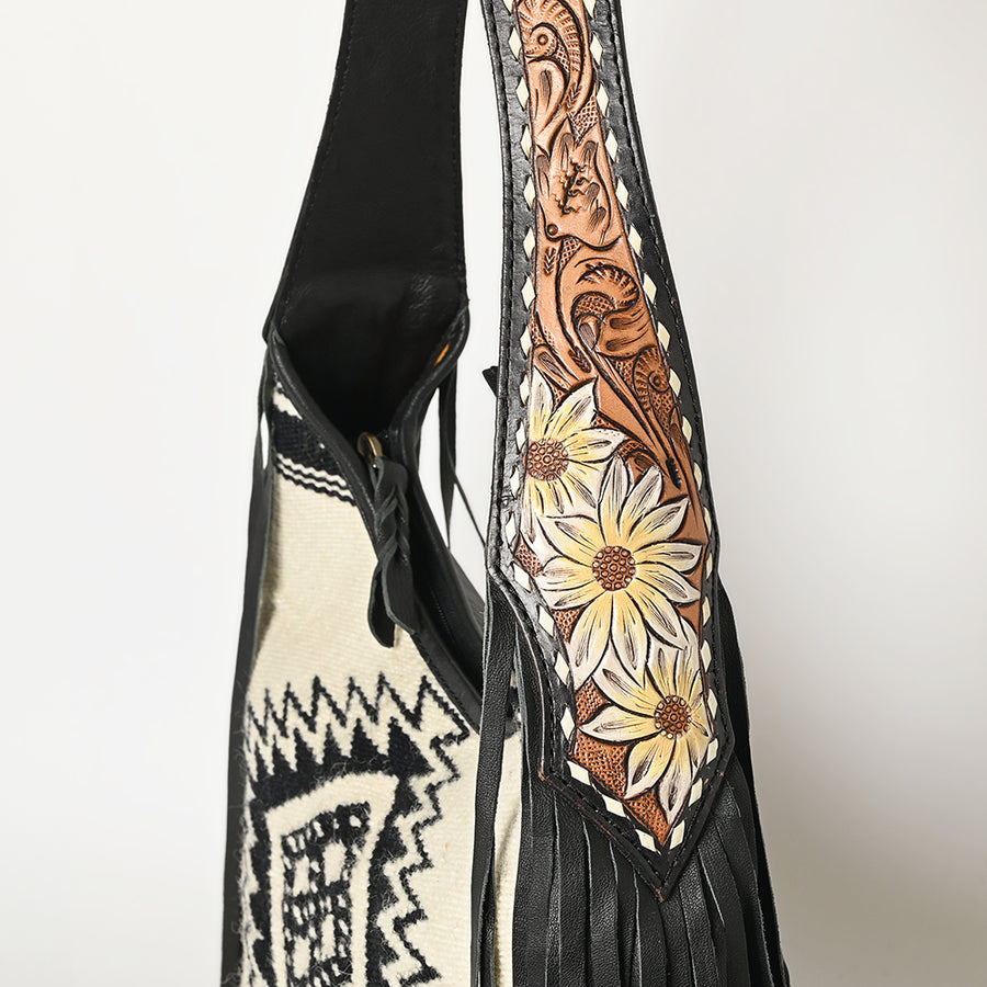 American Darling Western Leather Hobo Bag – Genuine Leather, Fringe, Handwoven Saddle Blanket, Everyday Carry Tote