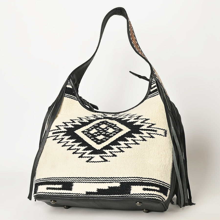American Darling Western Leather Hobo Bag – Genuine Leather, Fringe, Handwoven Saddle Blanket, Everyday Carry Tote