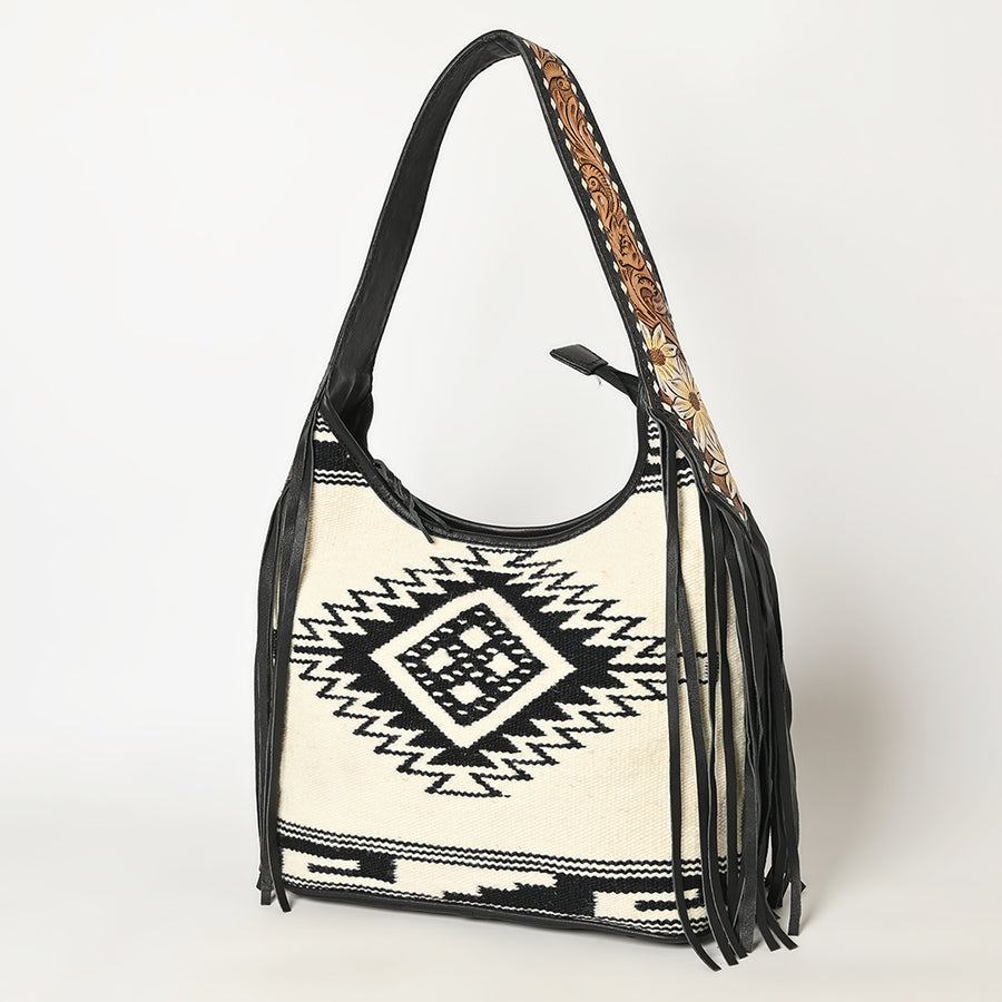 American Darling Western Leather Hobo Bag with Fringe and Handwoven Saddle Blanket - Genuine Leather Tote - Uhorse